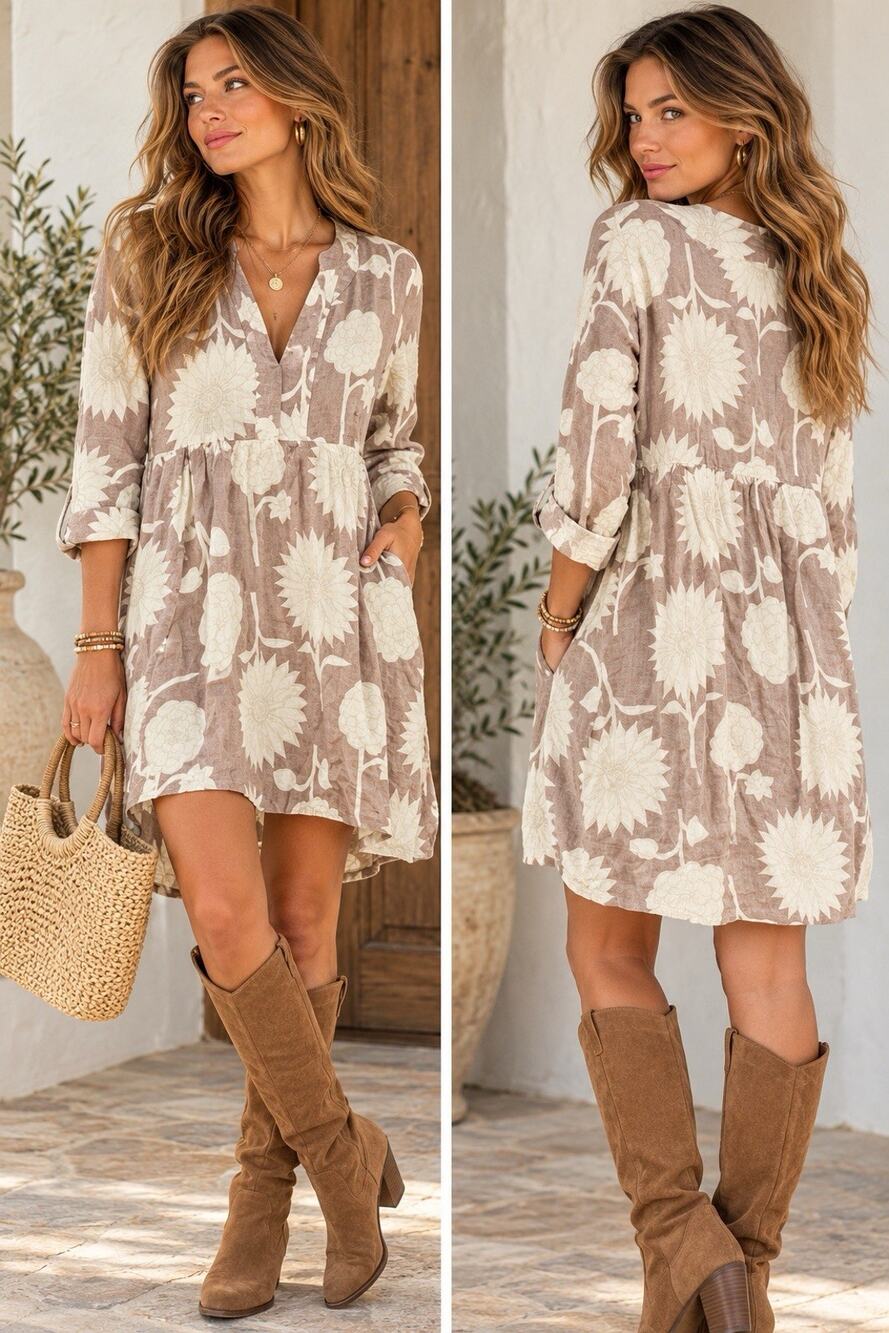 Boden Brown White Floral Linen V-Neck 3/4 Sleeve Shift Knee Dress Size 18